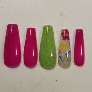 Custom Gel Press on Nails Handmade 20 pc set neon pink green glitter butterfly